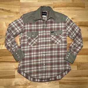 WRANGLER Work Shirt Western Gray Plaid Pearl Snap Canvas Firm Finish Medium
